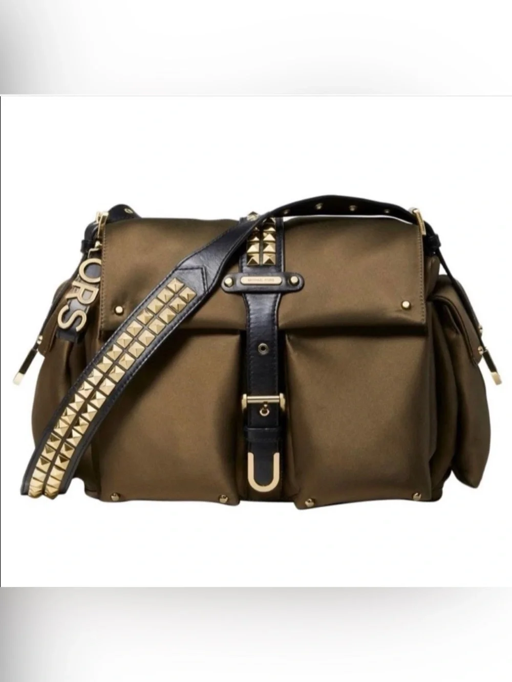 NWOT Michael Kors Olivia Studded Satin Messenger Bag Olive $378